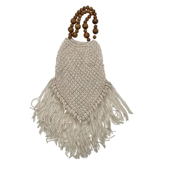 Handbags - Boho Macrame Fringe Bag Wood Bead Handle Cream White Textured Woven Festival bag
